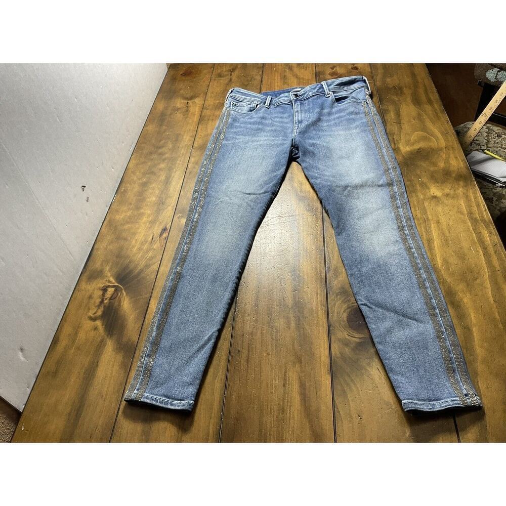 True Religion Jennie Curvy Mid Rise Skinny Jeans Size 32 Bling Side Stripes